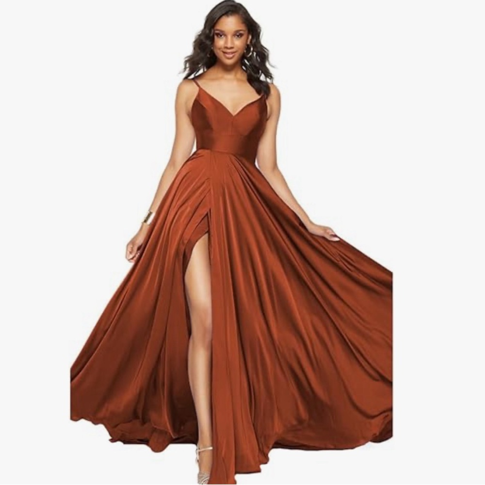 Feolate Double Spaghetti Strap Ball Gown in Burnt Orange